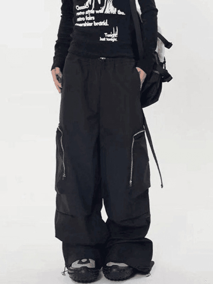 Y2K Aesthetic Ruched Cargo Pants with Zip Pocket - Coquette Grunge Style for Women
