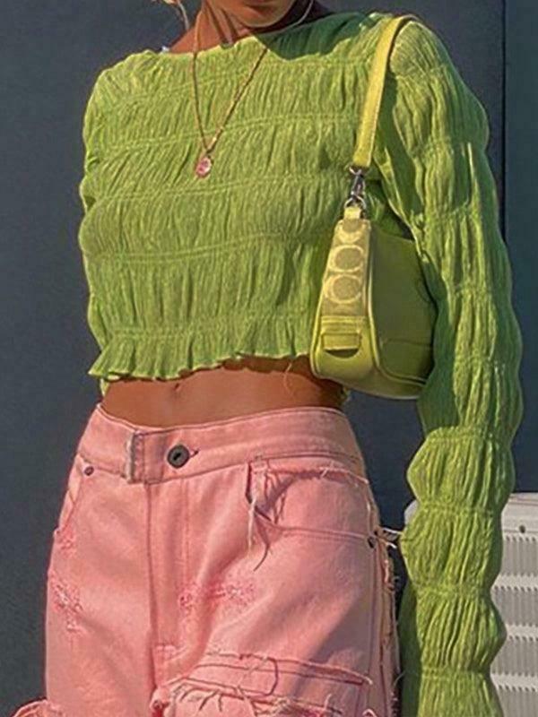Y2K Aesthetic Ruched Flared Long Sleeve Tee for Women - Coquette & Grunge Style Fashion