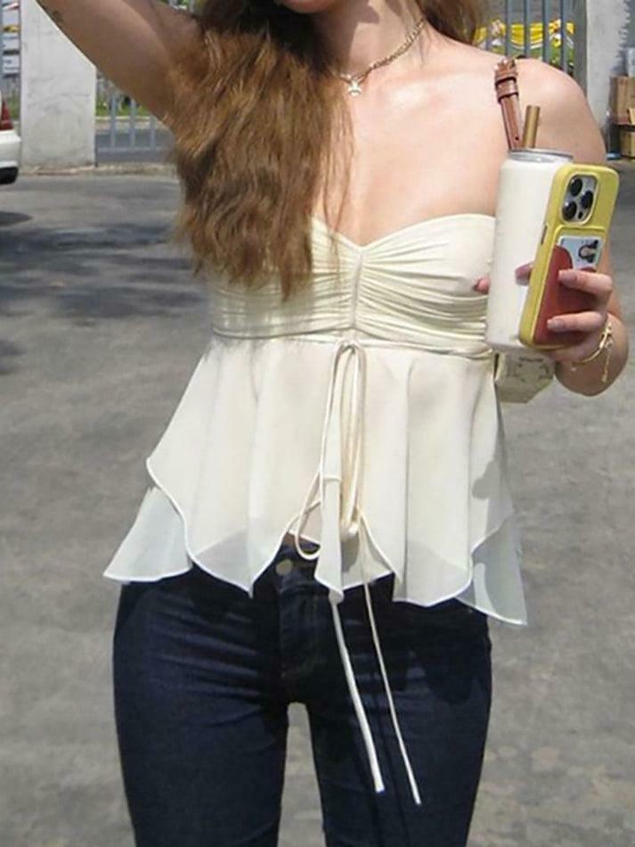 Y2K Aesthetic Ruched Tie-Front Tube Top for Women - Coquette Style Grunge Fashion