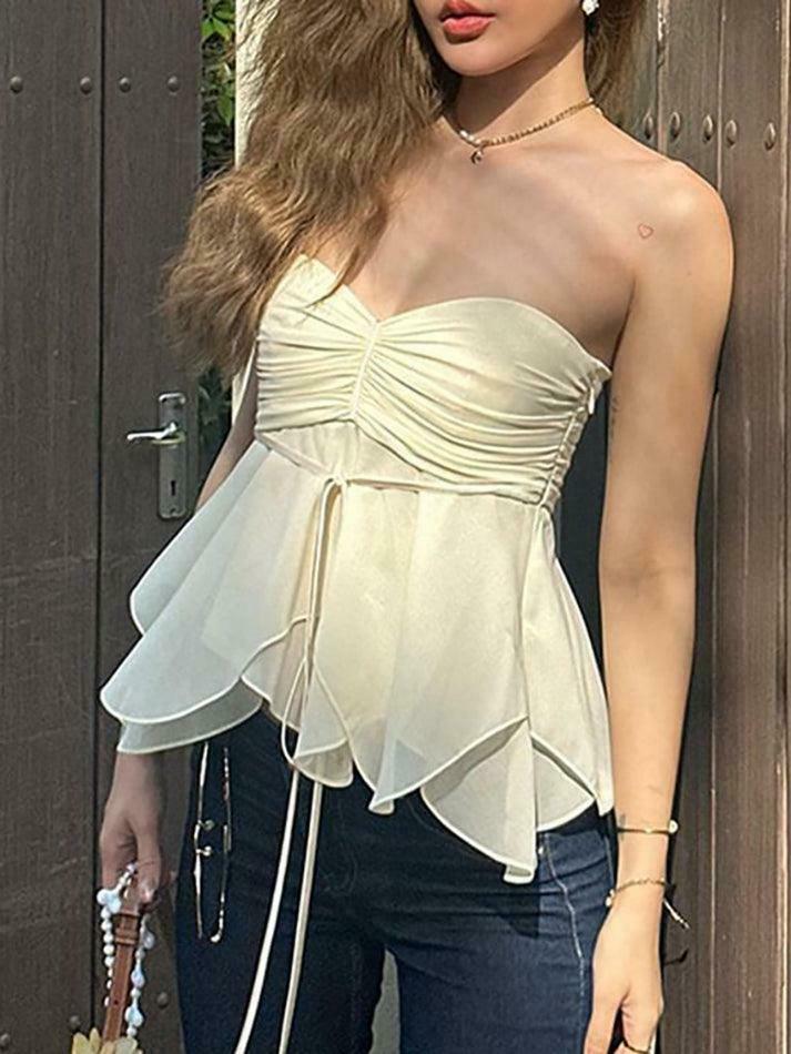 Y2K Aesthetic Ruched Tie-Front Tube Top for Women - Coquette Style Grunge Fashion