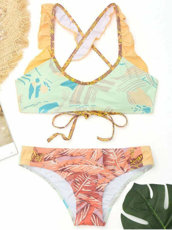 Y2K Aesthetic Ruffles Color Block Bikini - Coquette Style Grunge Fashion - Cute Tops & Cargo Skirt