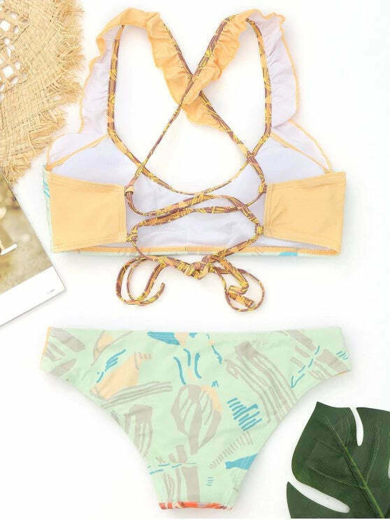 Y2K Aesthetic Ruffles Color Block Bikini - Coquette Style Grunge Fashion - Cute Tops & Cargo Skirt