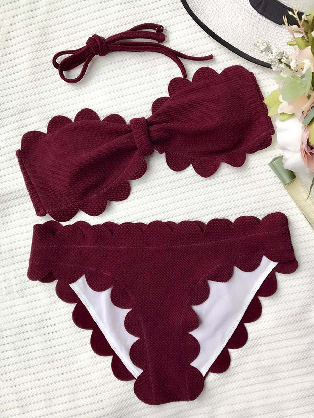 Y2K Aesthetic Scalloped Bandeau Bathing Suit - Coquette Grunge Fashion & Pastel Goth Vibes