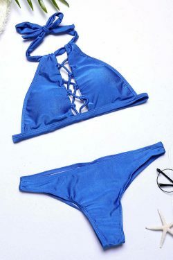 Y2K Aesthetic Scoop Back Criss Cross Bandage High Neck Halter Bikinis Swimwear