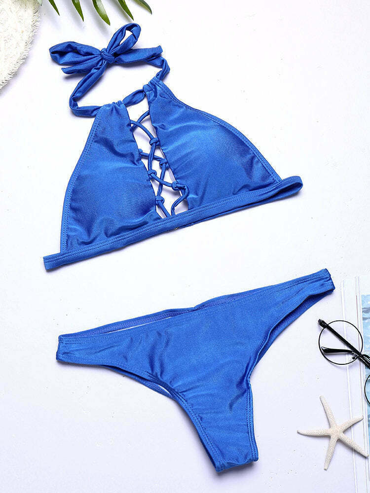 Y2K Aesthetic Scoop Back Criss Cross Bandage High Neck Halter Bikinis Swimwear