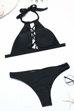 Y2K Aesthetic Scoop Back Criss Cross Bandage High Neck Halter Bikinis Swimwear