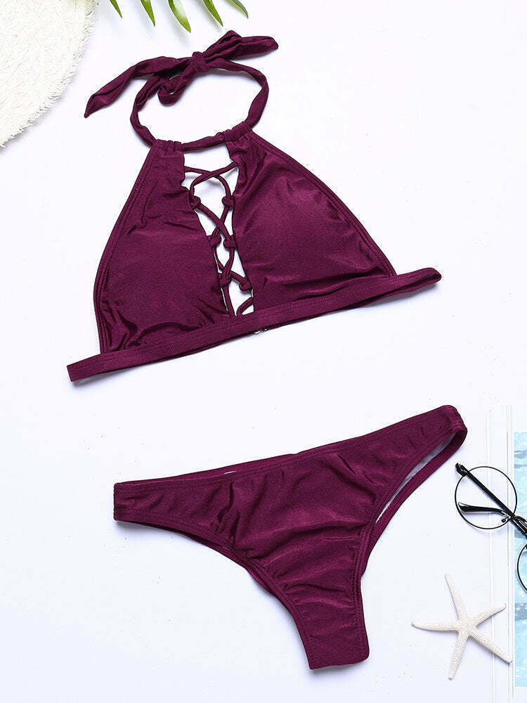 Y2K Aesthetic Scoop Back Criss Cross Bandage High Neck Halter Bikinis Swimwear