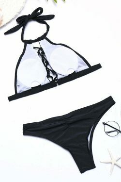 Y2K Aesthetic Scoop Back Criss Cross Bandage High Neck Halter Bikinis Swimwear