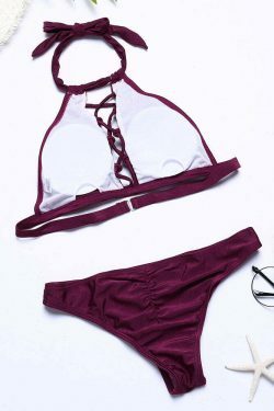 Y2K Aesthetic Scoop Back Criss Cross Bandage High Neck Halter Bikinis Swimwear