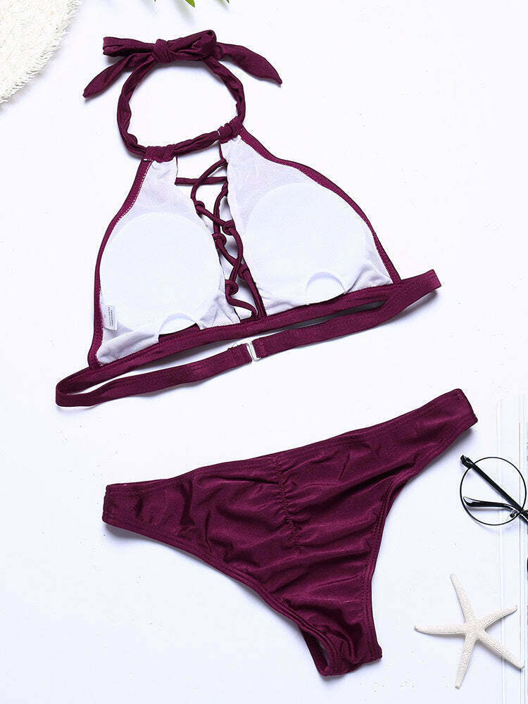 Y2K Aesthetic Scoop Back Criss Cross Bandage High Neck Halter Bikinis Swimwear