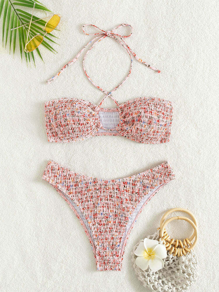 Y2K Aesthetic Sexy Print Pleats Strap Bikini for Niche Women Fashion