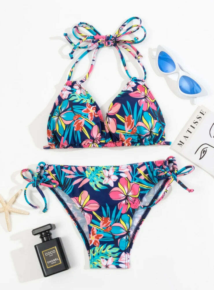 Y2K Aesthetic Sexy Print Strap Pleated Swimsuit Bikini for Women - Coquette Fashion