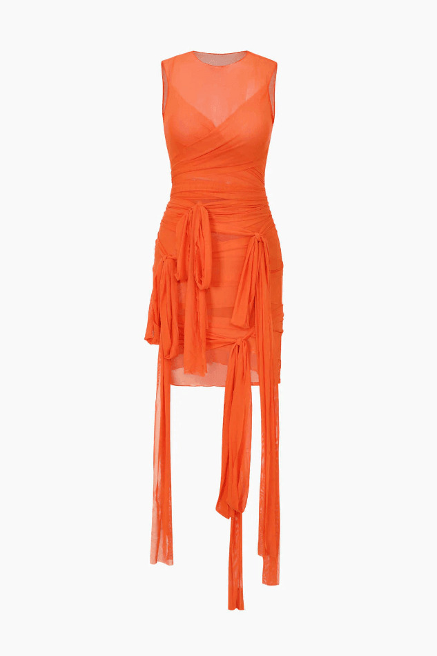 Y2K Aesthetic Sheer Mesh Ribbon Mini Dress for Women - Coquette & Grunge Style Fashion