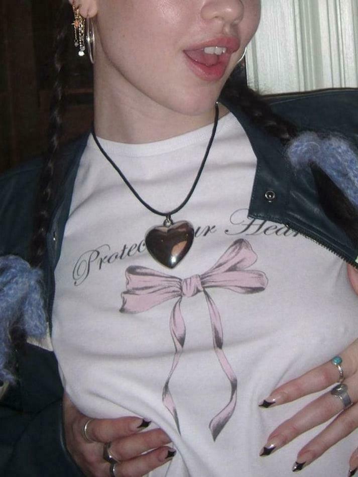 Y2K Aesthetic Short Sleeve Crop Tee with Lettering & Bow Print