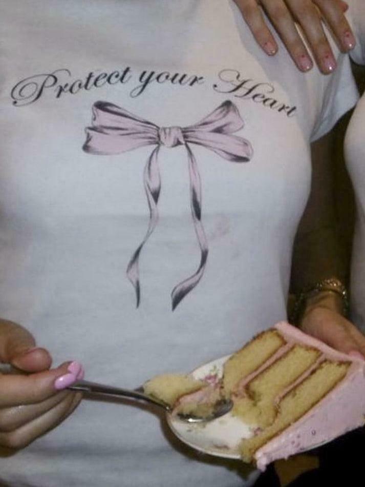 Y2K Aesthetic Short Sleeve Crop Tee with Lettering & Bow Print