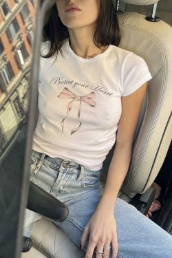 Y2K Aesthetic Short Sleeve Crop Tee with Lettering & Bow Print