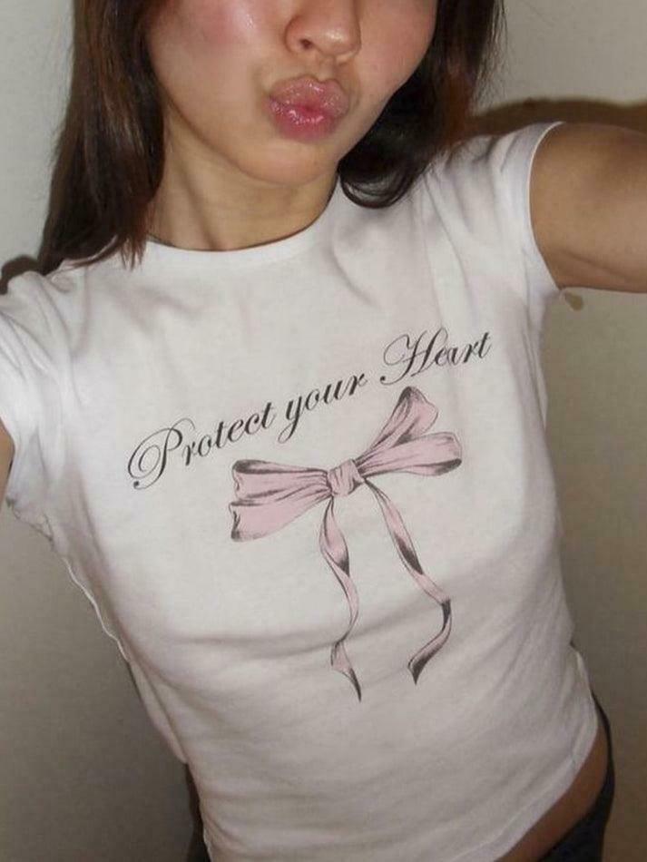Y2K Aesthetic Short Sleeve Crop Tee with Lettering & Bow Print