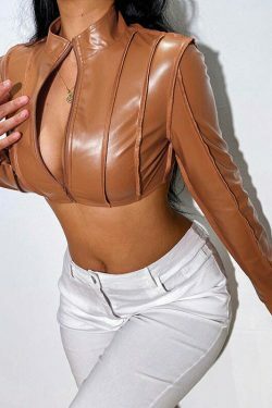 Y2K Aesthetic Short Zipper PU Leather Jacket - Coquette Grunge Style Women's Fashion