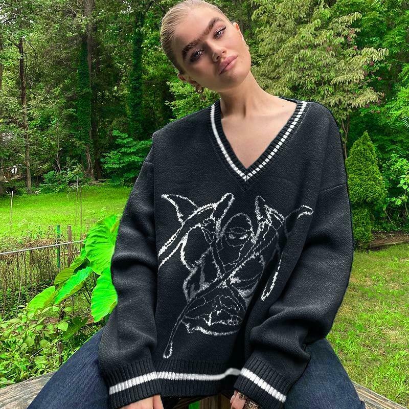 Y2K Aesthetic Skull Knit Sweaters for Women - Coquette & Grunge Style Fashion Tops