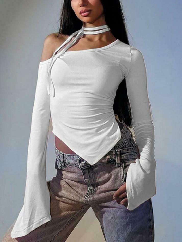 Y2K Aesthetic Slanted Neck Ruched Irregular Hem Long Sleeve Tee - Coquette Fashion
