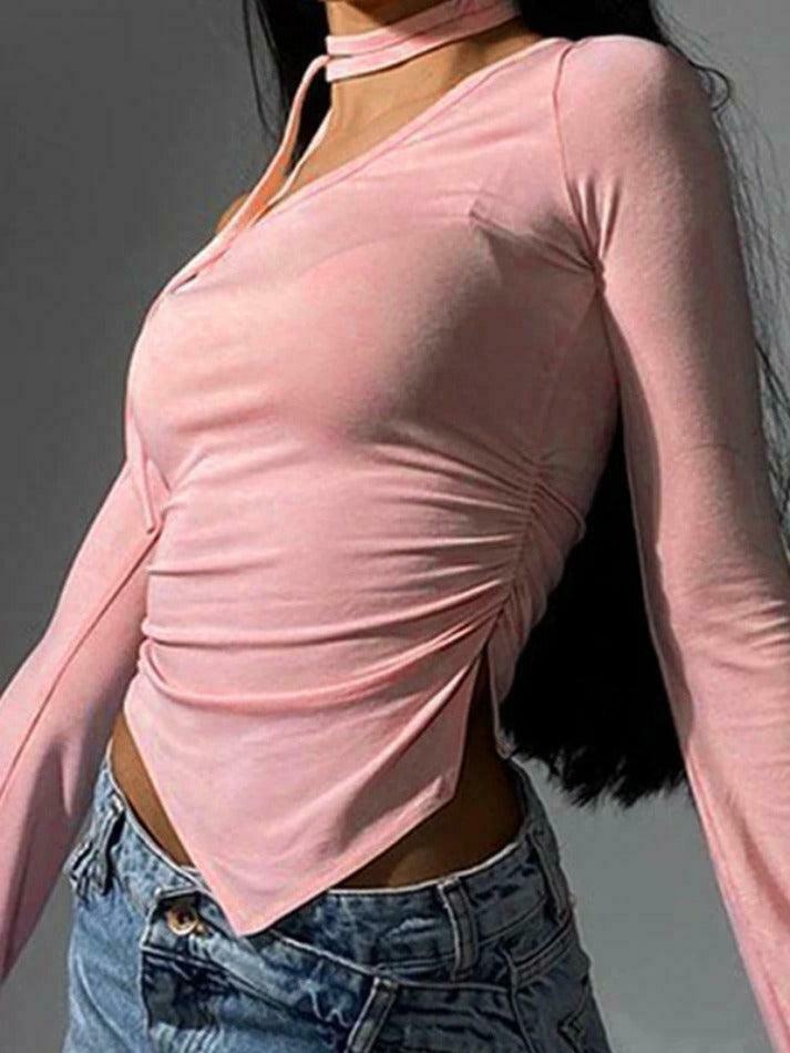 Y2K Aesthetic Slanted Neck Ruched Irregular Hem Long Sleeve Tee - Coquette Fashion