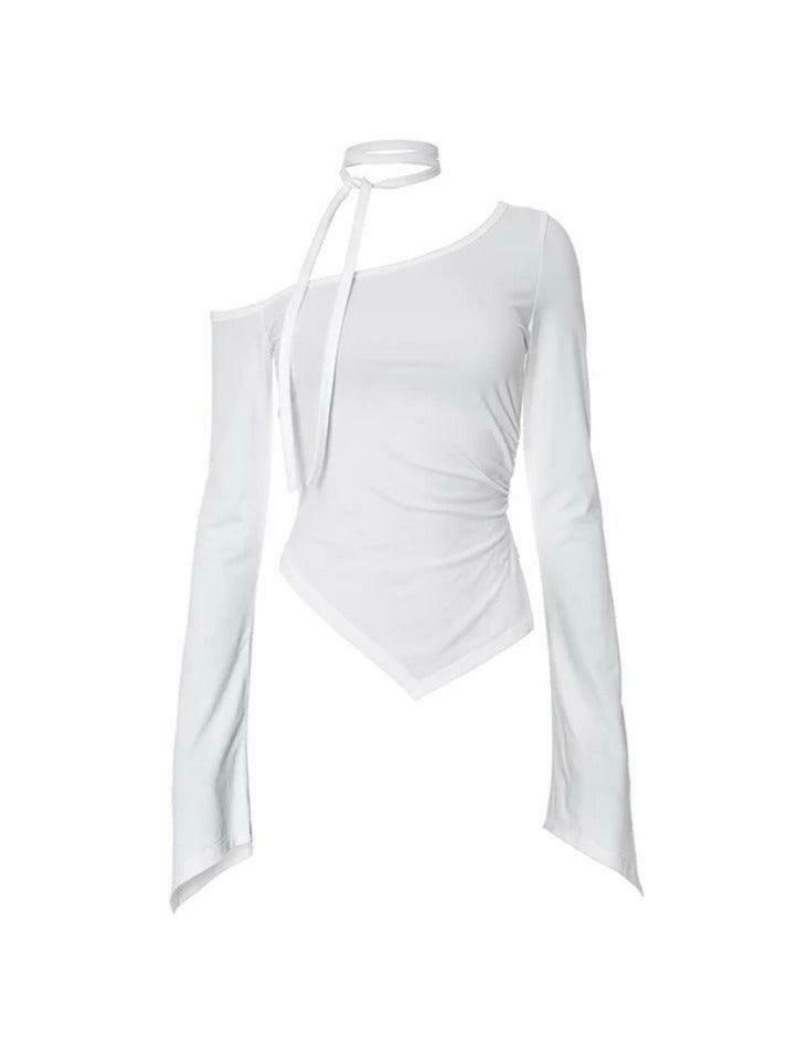 Y2K Aesthetic Slanted Neck Ruched Irregular Hem Long Sleeve Tee - Coquette Fashion