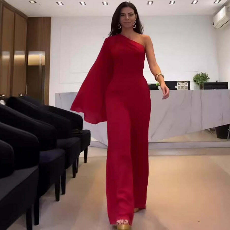 Y2K Aesthetic Slanted Shoulder Wide Leg Jumpsuit for Women - Coquette Style Grunge Fashion