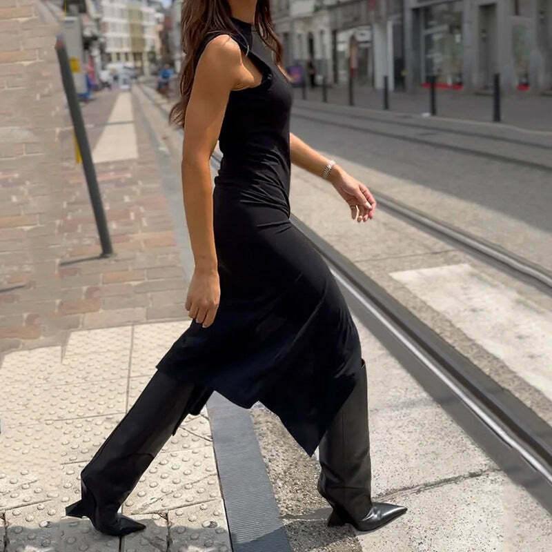 Y2K Aesthetic Sleeveless Black Pleated Dress - Coquette Style Cargo Skirt Outfit