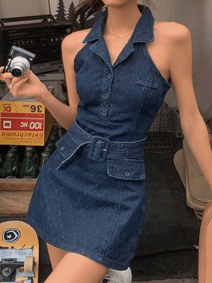 Y2K Aesthetic Sleeveless Denim Mini Dress with Polo Collar - Coquette & Grunge Style