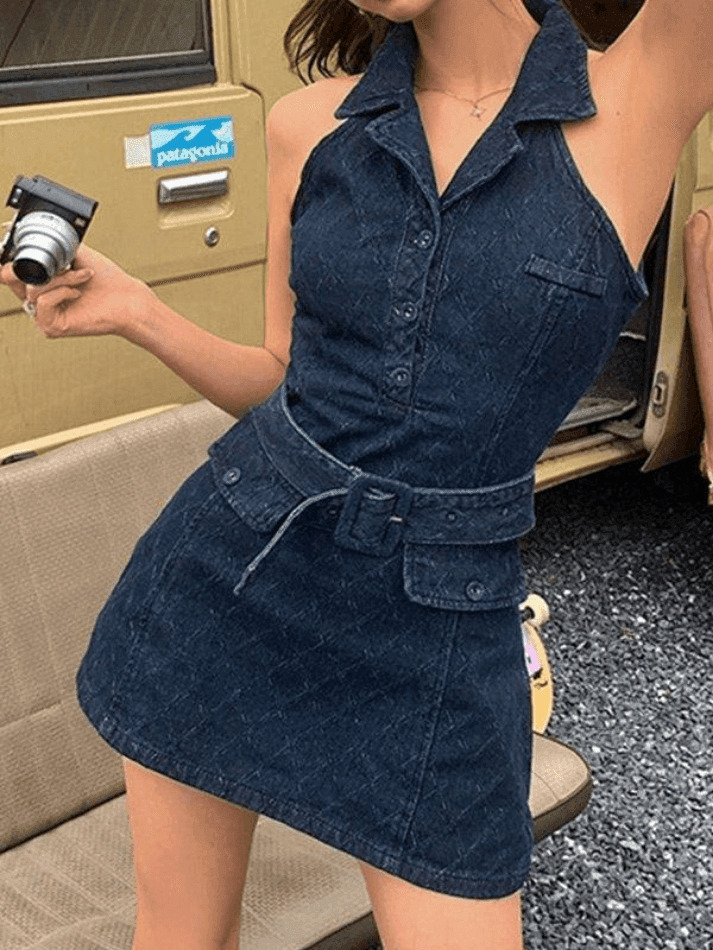 Y2K Aesthetic Sleeveless Denim Mini Dress with Polo Collar - Coquette & Grunge Style