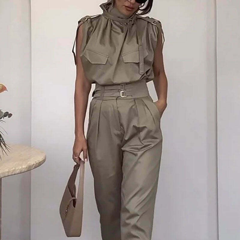 Y2K Aesthetic Sleeveless Turtle Neck Suit - Coquette Grunge with Old Money Elegance