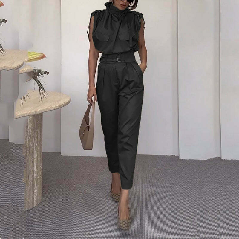 Y2K Aesthetic Sleeveless Turtle Neck Suit - Coquette Grunge with Old Money Elegance