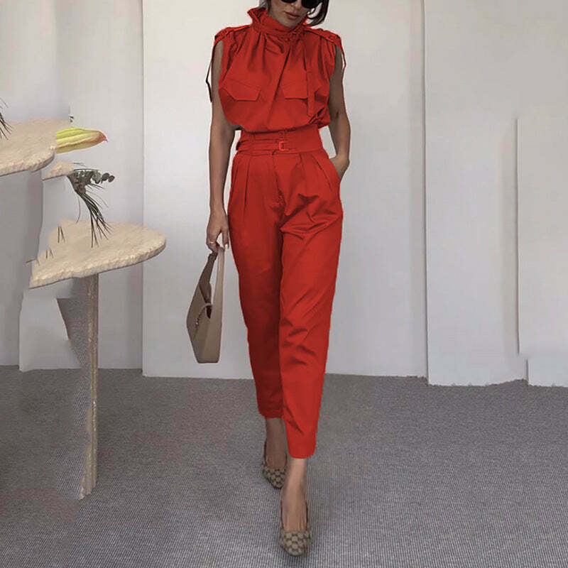 Y2K Aesthetic Sleeveless Turtle Neck Suit - Coquette Grunge with Old Money Elegance