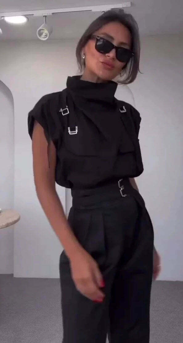 Y2K Aesthetic Slim-Fit Suit with High-Neck Vest for Niche Women Fashion