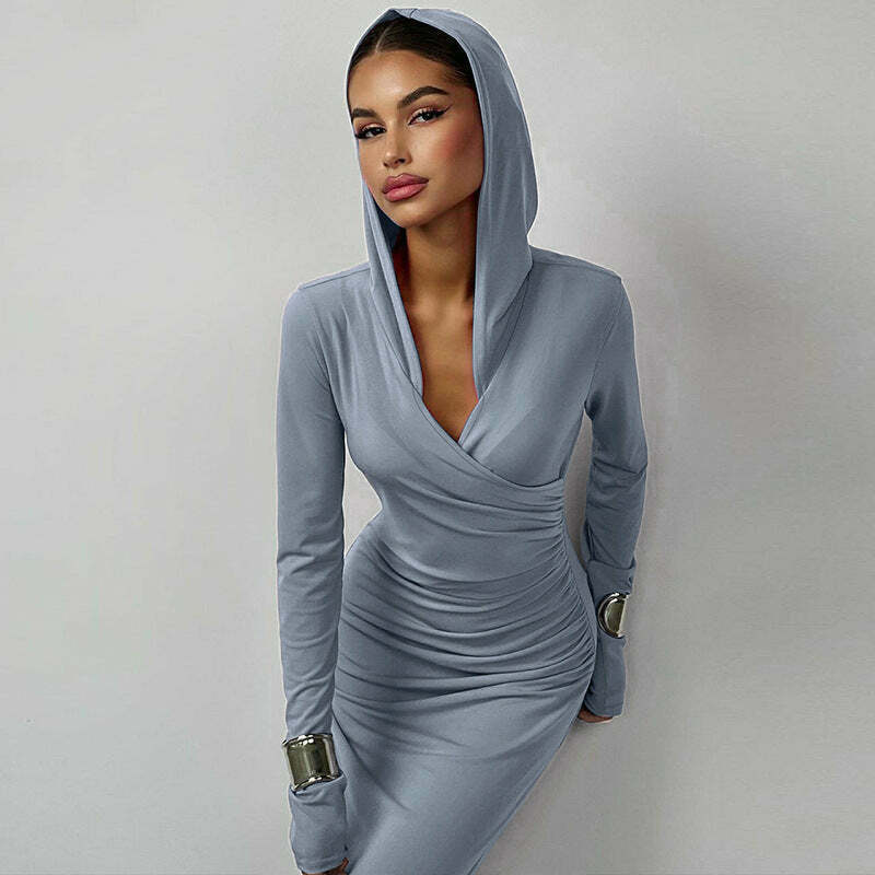 Y2K Aesthetic Slim Hooded Dress for Women - Coquette Style Grunge Fashion with Pastel Goth Vibes