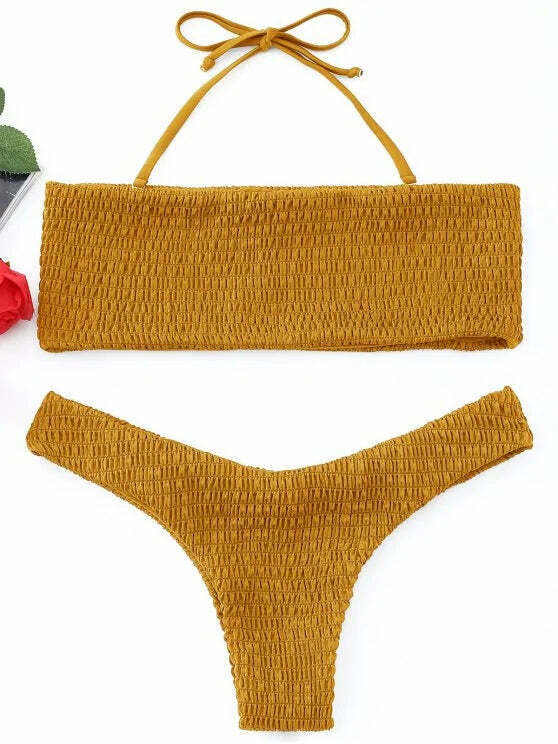 Y2K Aesthetic Smocked Bandeau Bikini Set - Retro Coquette Style for Trendy Women