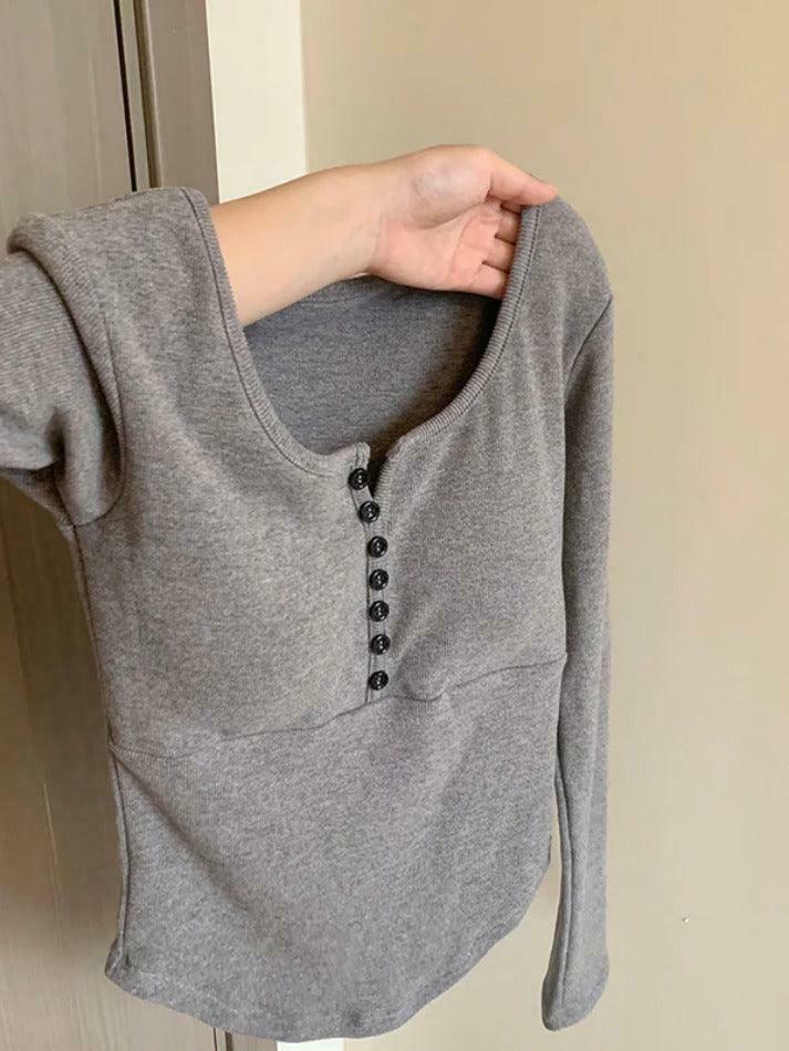 Y2K Aesthetic Solid Breasted Slim Long Sleeve Tee - Coquette & Grunge Style Women's Fashion