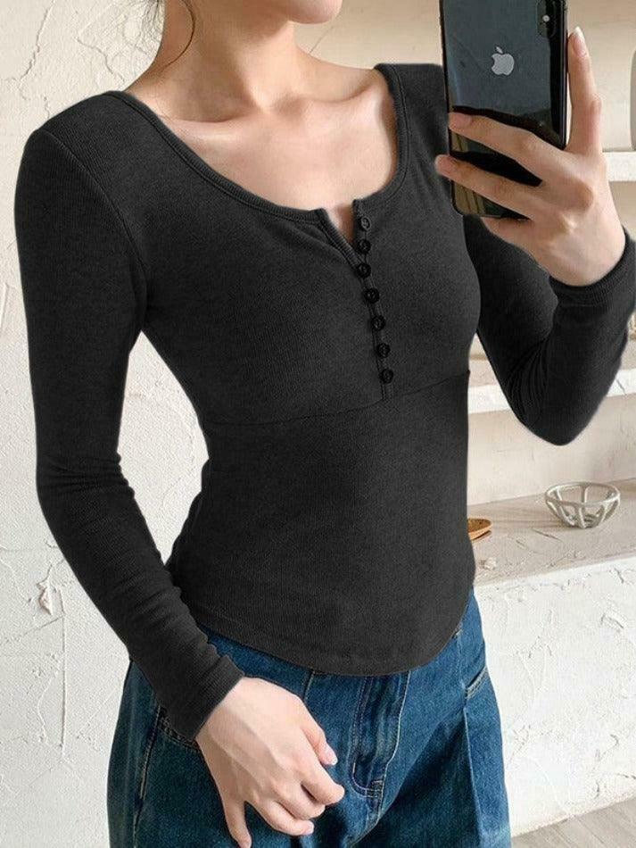 Y2K Aesthetic Solid Breasted Slim Long Sleeve Tee - Coquette & Grunge Style Women's Fashion