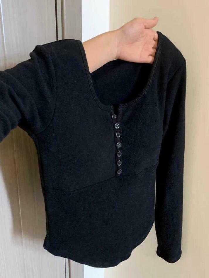 Y2K Aesthetic Solid Breasted Slim Long Sleeve Tee - Coquette & Grunge Style Women's Fashion