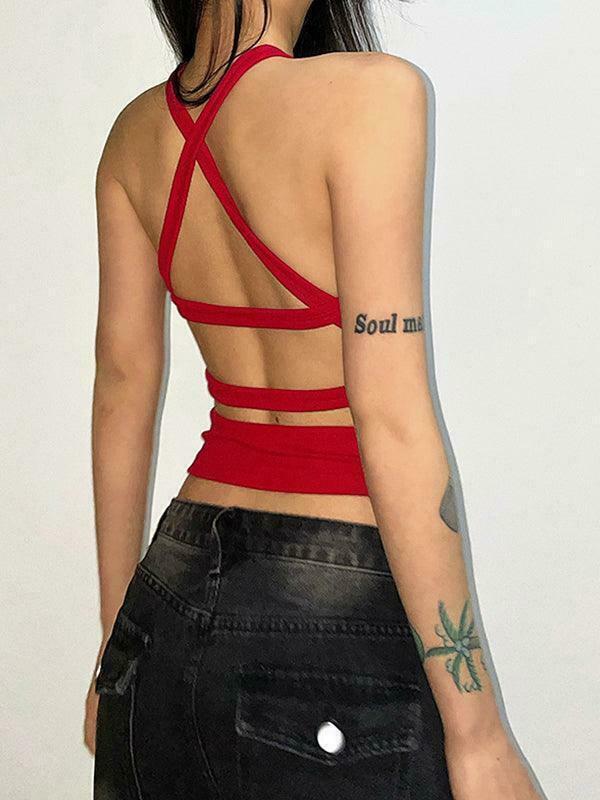 Y2K Aesthetic Solid Color Backless Cropped Tank Top for Women - Coquette Style Grunge Fashion