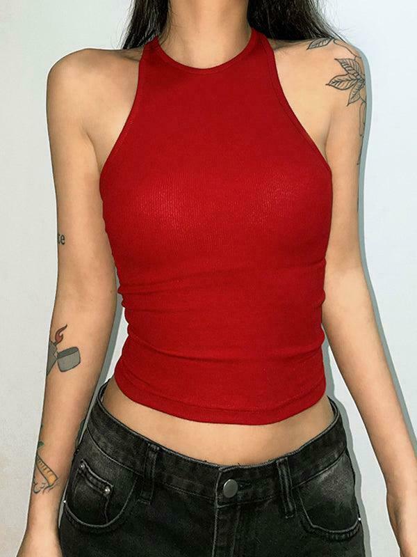 Y2K Aesthetic Solid Color Backless Cropped Tank Top for Women - Coquette Style Grunge Fashion