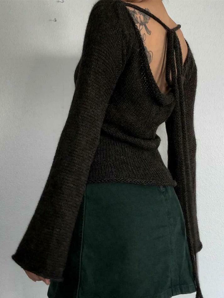 Y2K Aesthetic Solid Color Backless Lace-Up Knit Top for Women - Coquette & Grunge Style