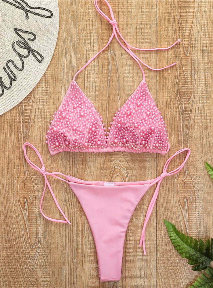 Y2K Aesthetic Solid Color Beaded Pearls Bikini for Niche Women Fashion