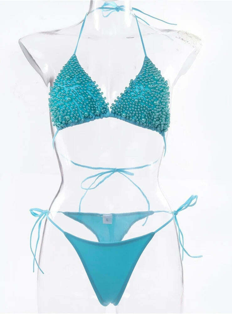 Y2K Aesthetic Solid Color Beaded Pearls Bikini for Niche Women Fashion