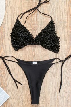 Y2K Aesthetic Solid Color Beaded Pearls Bikini for Niche Women Fashion