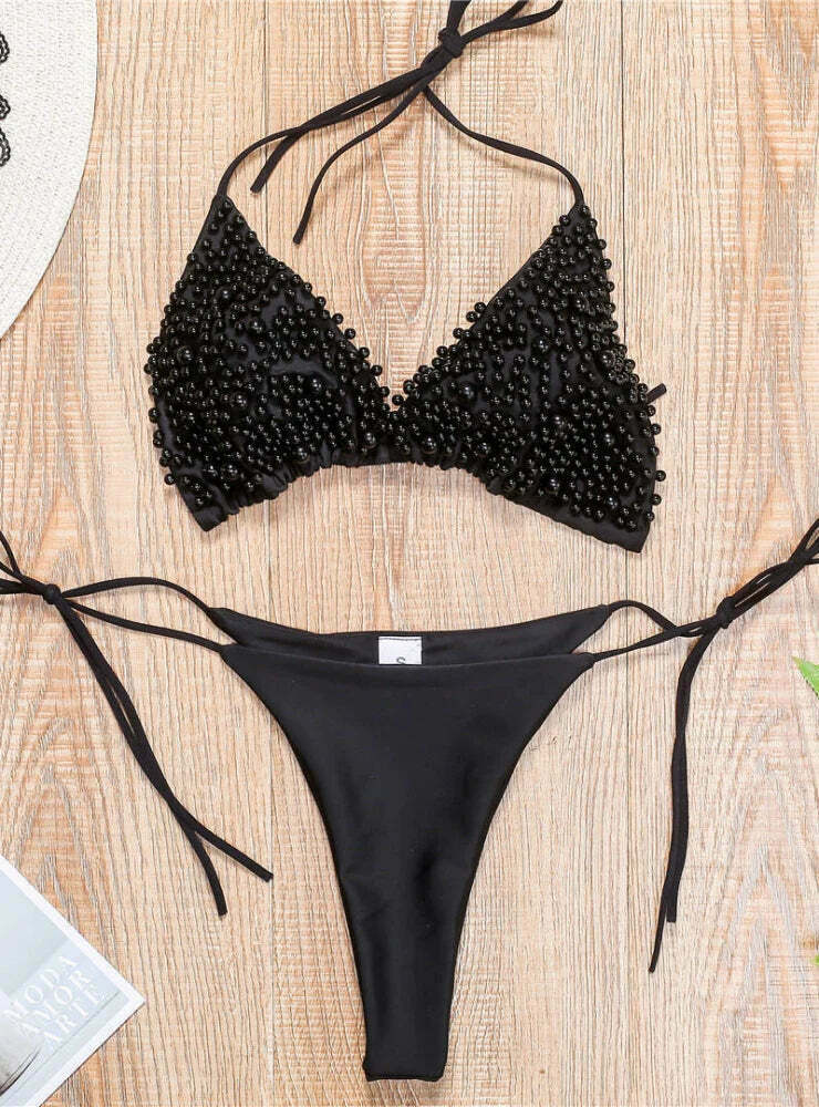 Y2K Aesthetic Solid Color Beaded Pearls Bikini for Niche Women Fashion