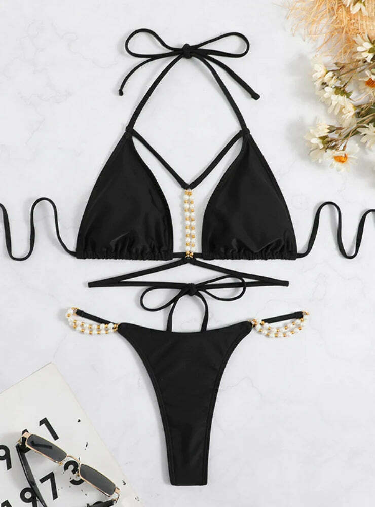 Y2K Aesthetic Solid Color Bikini with Pearl Straps - Coquette Fashion for Women
