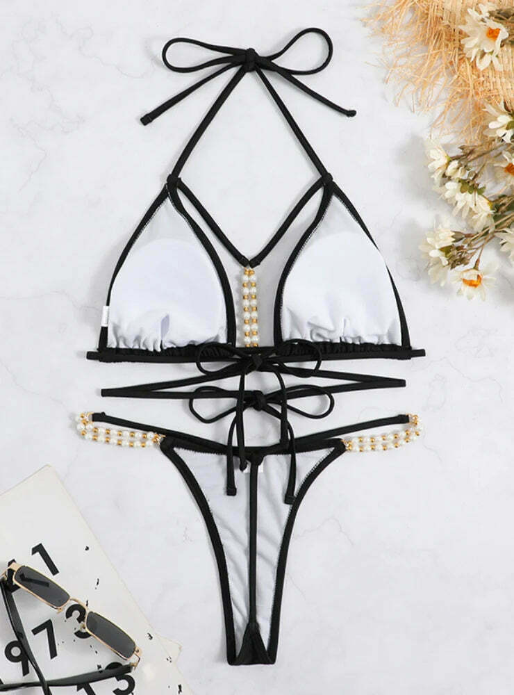Y2K Aesthetic Solid Color Bikini with Pearl Straps - Coquette Fashion for Women