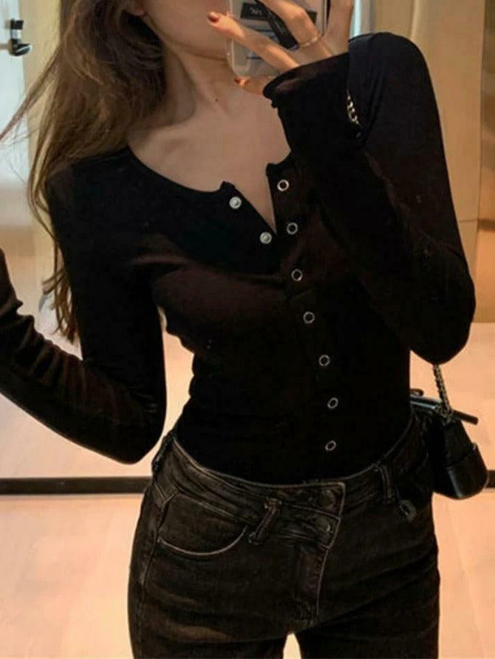 Y2K Aesthetic Solid Color Breasted Slim Knit Sweater