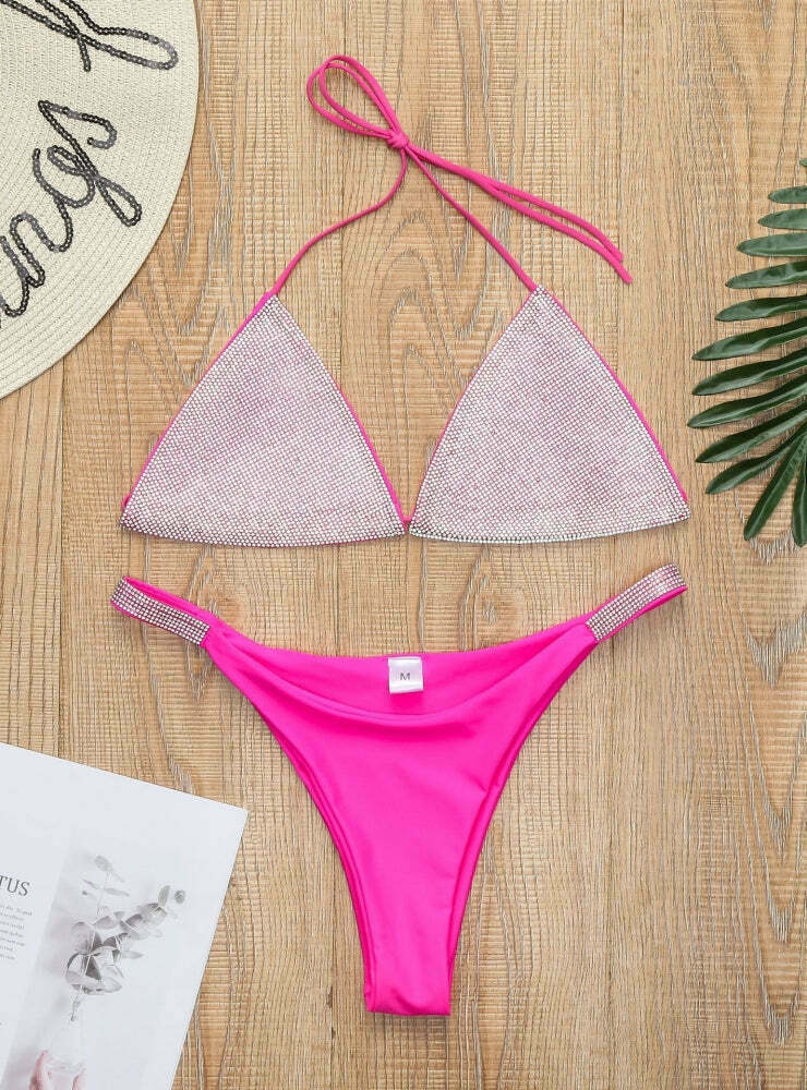 Y2K Aesthetic Solid Color Diamond Rhinestone Split Swimsuit